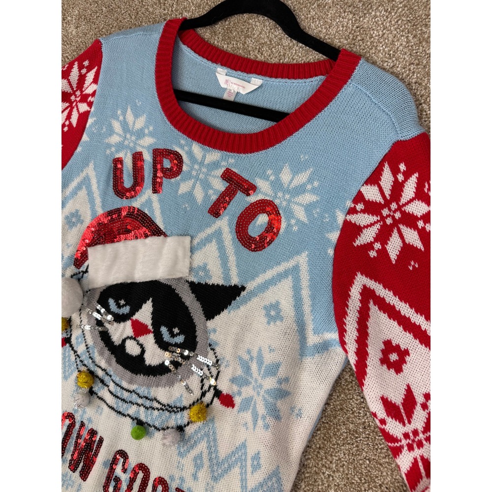 No‎ Boundaries Grumpy Cat Up To Snow Good Christmas Sweater Blue Red Large 11-13